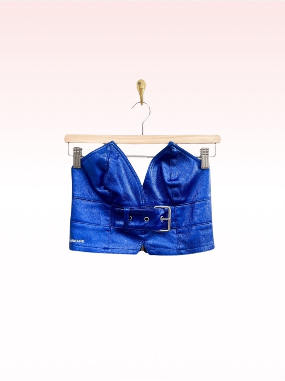 GARBAGE BYMG Blue Bustier Belted Leather Metallic Crop Top (Sz S)